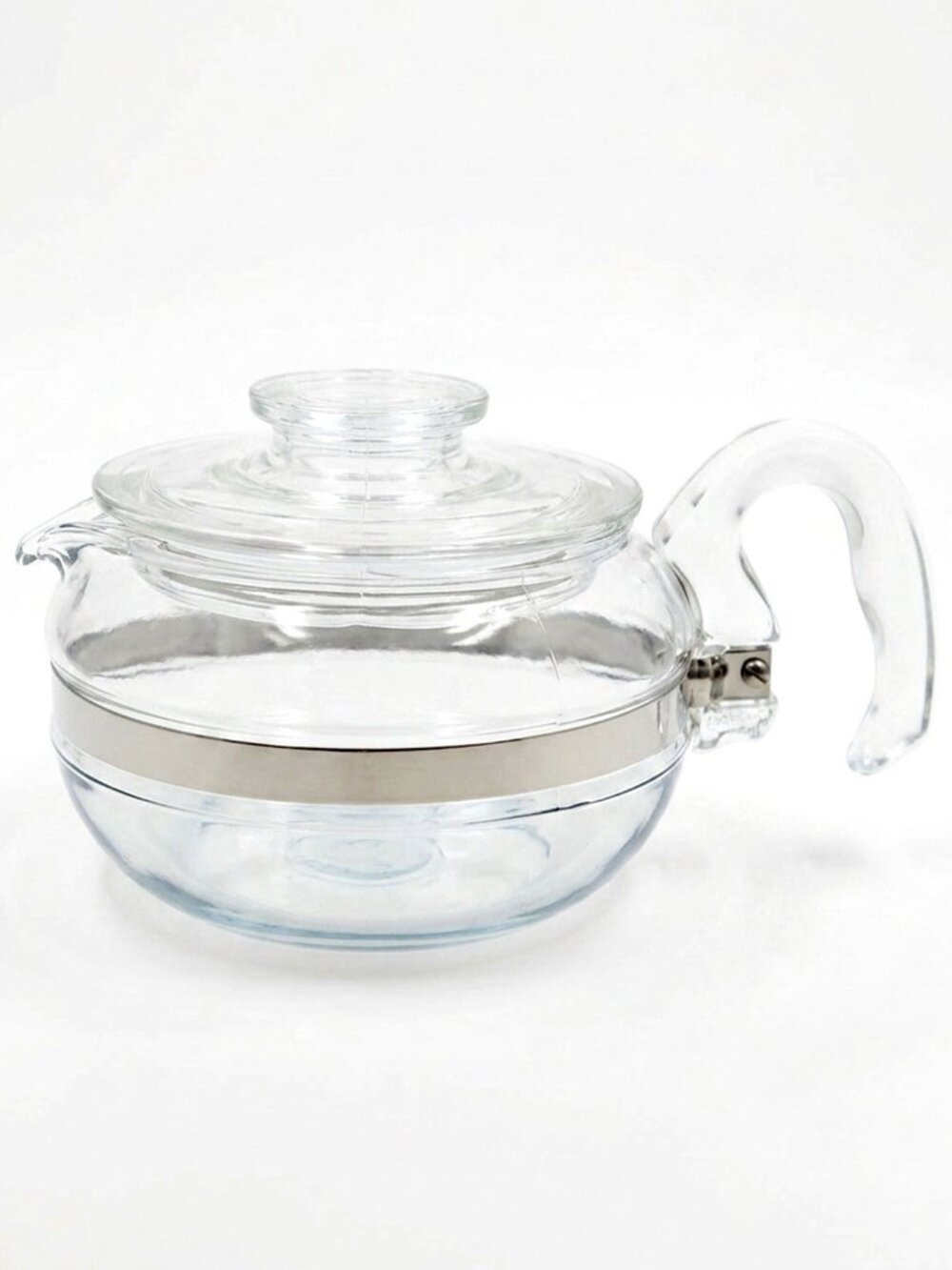 Vintage Pyrex Flameware 6 Cup Glass Teapot 8446 Stainless Band Clear